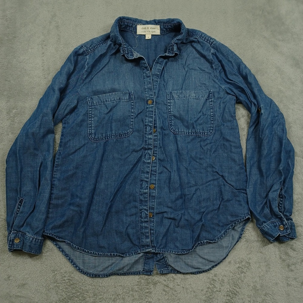 Cloth And Stone Top Womens Small Blue Denim Button Up Pockets Preppy